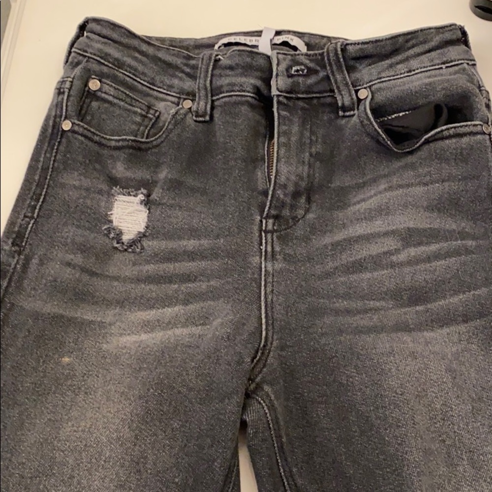 High-Waisted Distressed Grey Denim Jeans